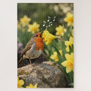 Tobin Singing into a Spring Daffodil Jigsaw Puzzle