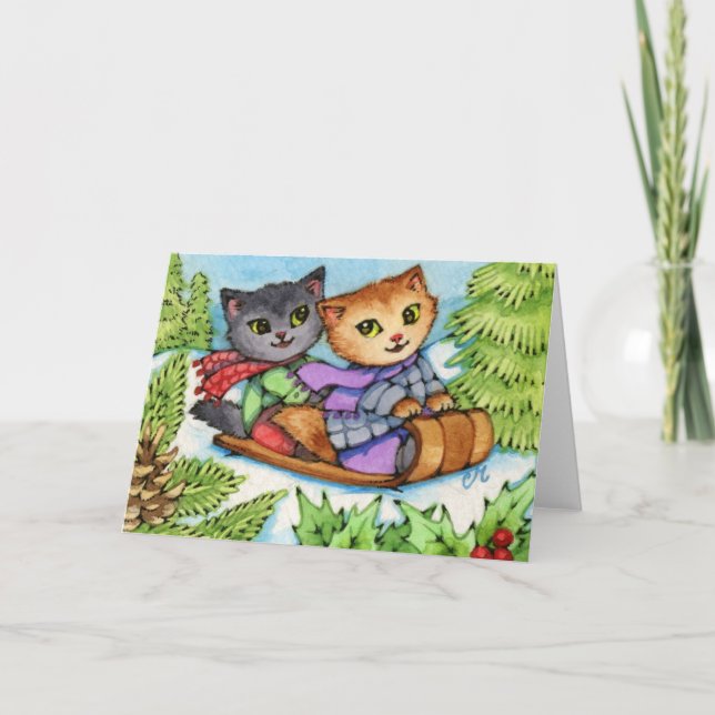 Toboggan Ride - Cute Winter Cats Holiday Card (Front)