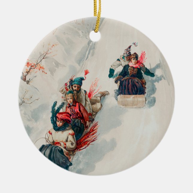 "Tobogganing", Chromolithograph, Louis Prang & Co. Ceramic Ornament (Front)