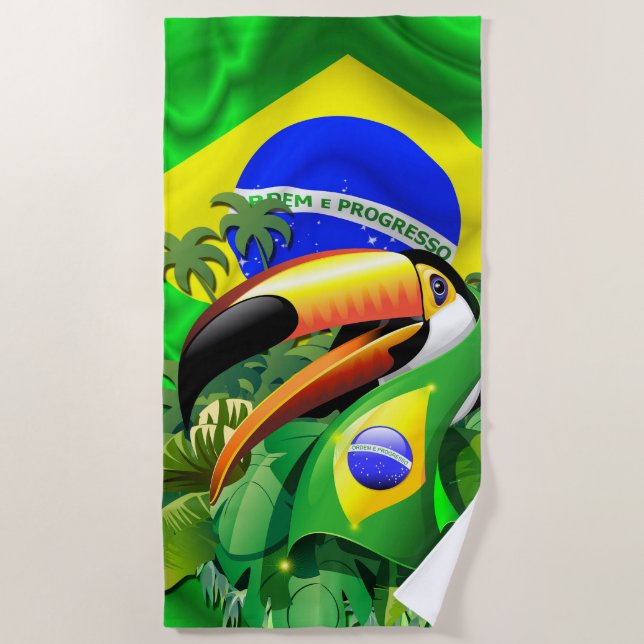 Toco Toucan with Brazil Flag  Beach Towel (Front)