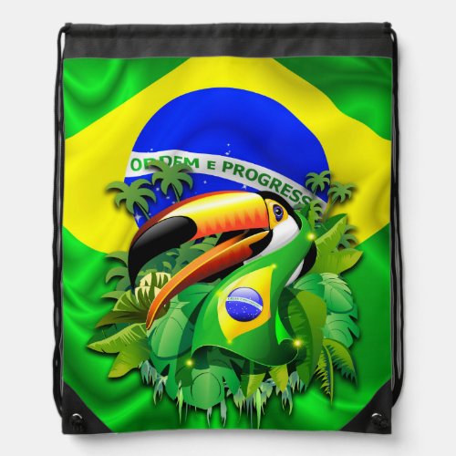 Toco Toucan with Brazil Flag  Drawstring Bag