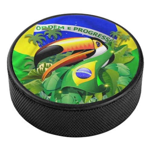 Toco Toucan with Brazil Flag  Hockey Puck