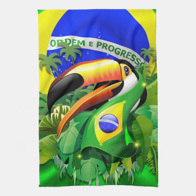 Toco Toucan with Brazil Flag  Kitchen Towel (Vertical)