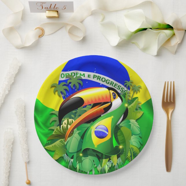 Toco Toucan with Brazil Flag  Paper Plates (Wedding)