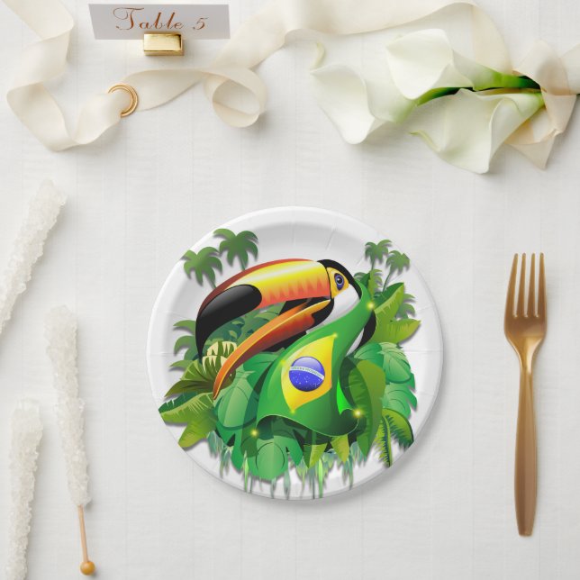 Toco Toucan with Brazil Flag  Paper Plates (Wedding)