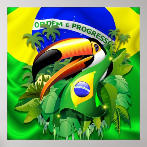Toco Toucan with Brazil Flag  Poster
