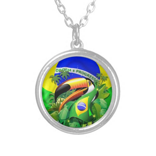 Toco Toucan with Brazil Flag  Silver Plated Necklace