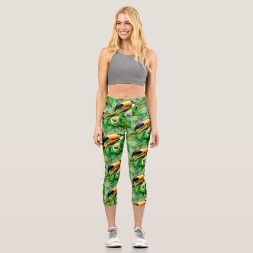 Toco Toucan with Brazil Flag Tie Capri Leggings