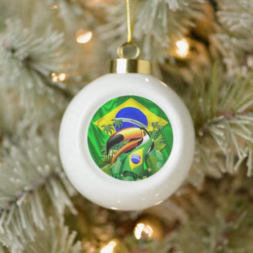 Toco Toucan with Brazil Flag Tie Ceramic Ball Christmas Ornament