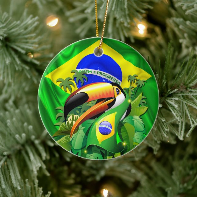 Toco Toucan with Brazil Flag Tie Ceramic Ornament (Tree)