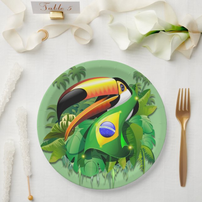 Toco Toucan with Brazil Flag Tie Paper Plates (Wedding)
