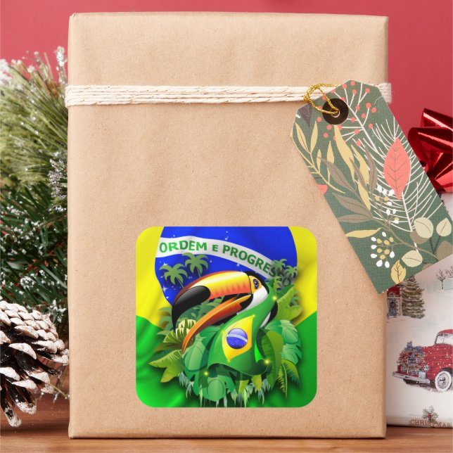 Toco Toucan with Brazil Flag Tie Square Sticker (Holiday)