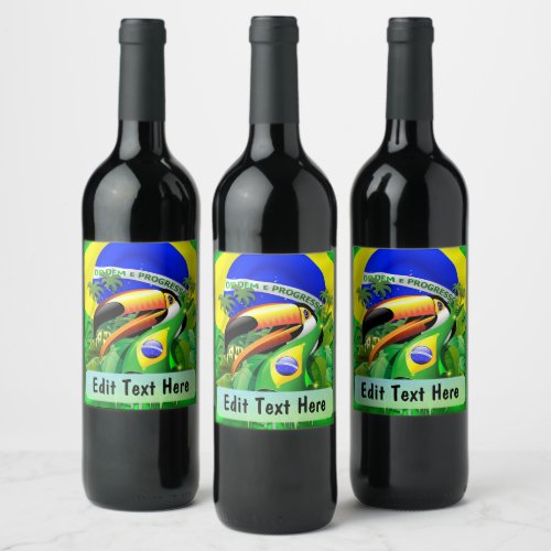 Toco Toucan with Brazil Flag  Wine Label
