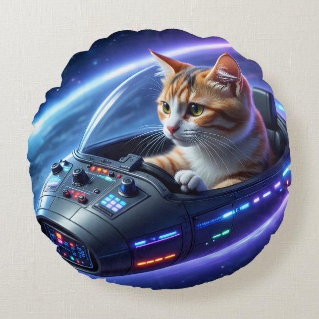 TOCOCLAWS Galactic Pilot: Space Cat Round Accent  Pillow (Front)