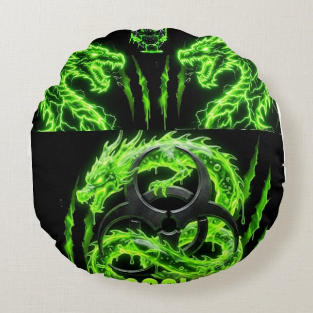 TOCOCLAWS Twin Neon Green Lightning Dragons  Round Pillow (Front)