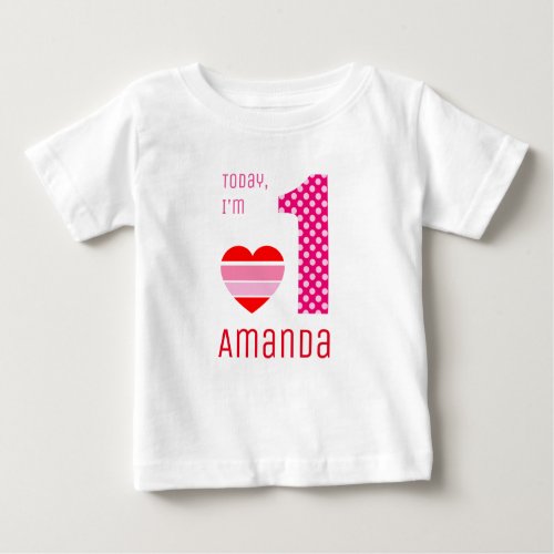 Today Im 1 Birthday Red and Pink Striped Heart Baby T_Shirt