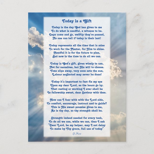 "Today is a Gift " Motivational Christian Poem  Postcard (Front)