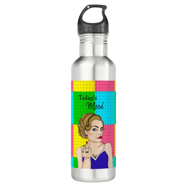 Today's Mood, Retro Lady Flipping the Bird  Stainless Steel Water Bottle (Front)