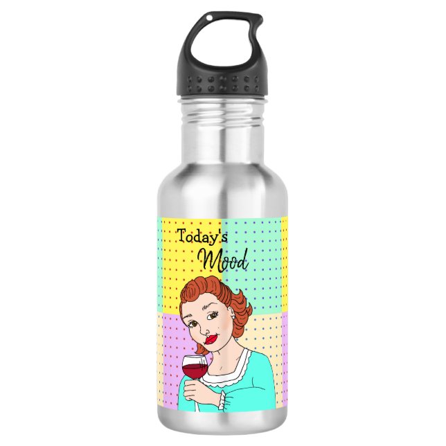 Today's Mood, Retro Lady Holding Wine  Stainless Steel Water Bottle (Front)
