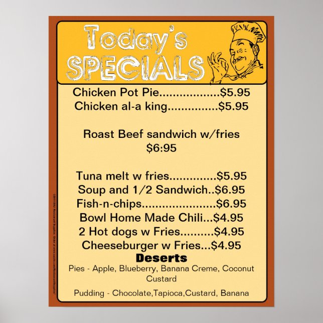 Today's Special Menu Poster - restaurant supplies (Front)