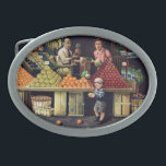 Toddler and Oranges Belt Buckle<br><div class="desc">Artist: Stevan Dohanos | Toddler pulling oranges off produce stand</div>
