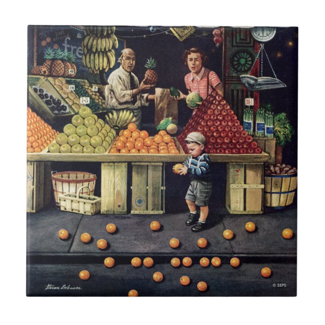 Toddler and Oranges Ceramic Tile (Front)