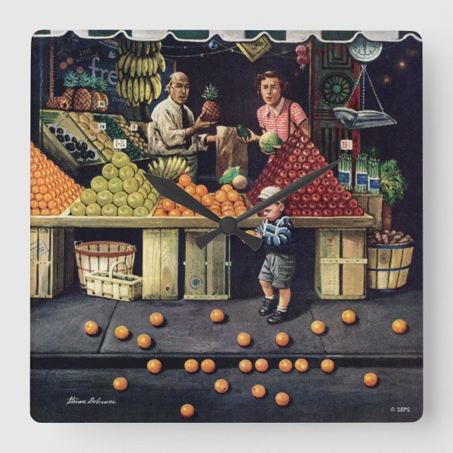 Toddler and Oranges Square Wall Clock (Front)