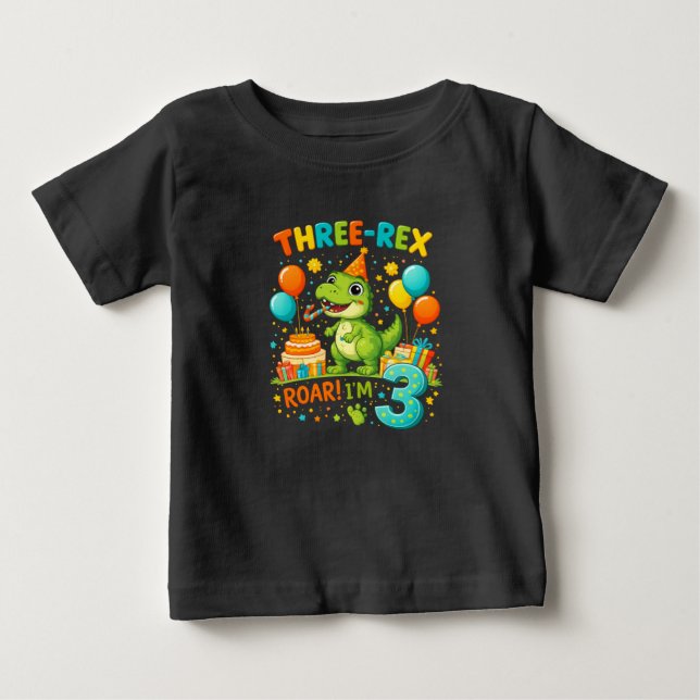 Toddler Birthday T-Shirt – Cute Three Rex Dinosaur (Front)