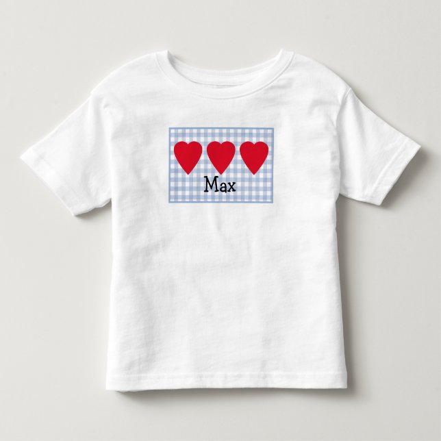 Toddler Boys Valentine Heart with Blue Plaid  Toddler T-shirt (Front)