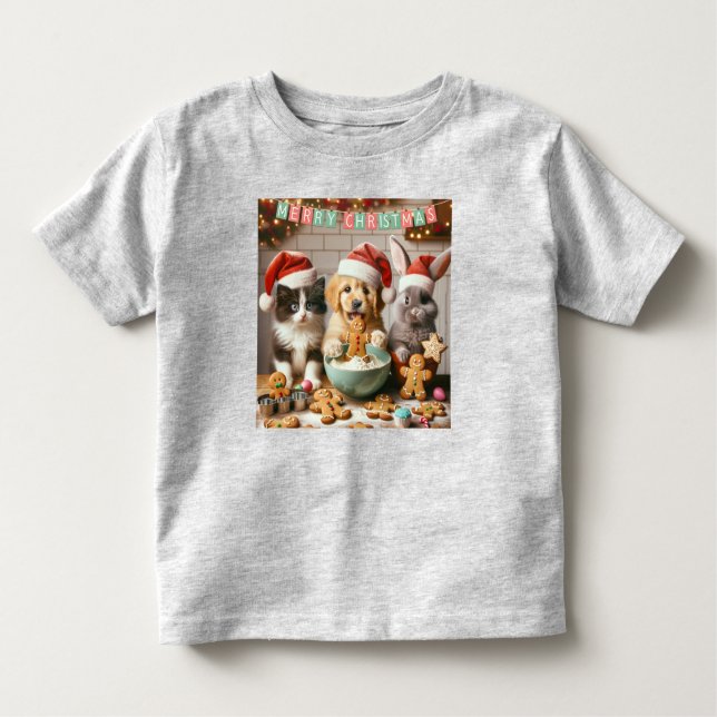 Toddler Christmas T-shirt with dog, cat, bunny (Front)