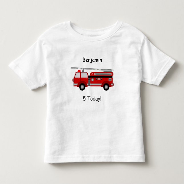 Toddler Fire Truck T-Shirt with Name & "5 Today!" (Front)