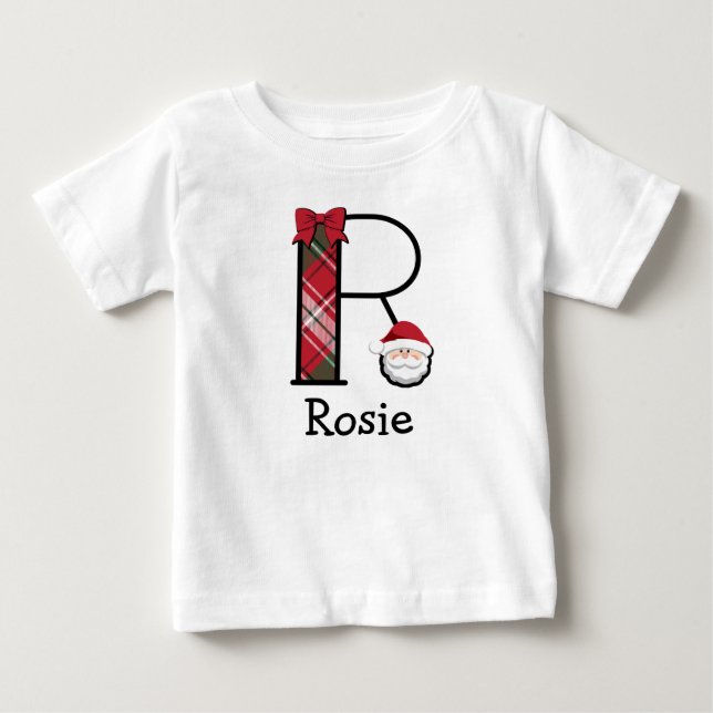 Toddler Girl Santa Christmas 3/4 length monogram R Baby T-Shirt (Front)