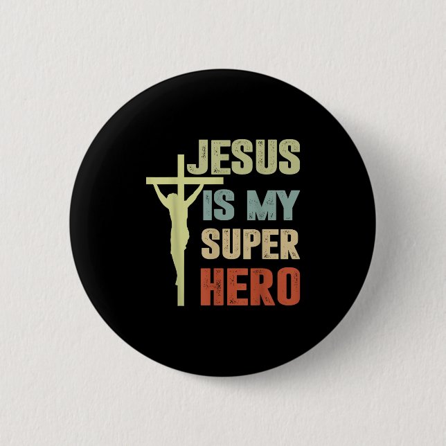 Toddler Jesus Is My Superhero Christian God Son Br Button (Front)