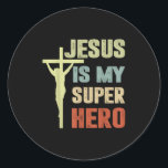 Toddler Jesus Is My Superhero Christian God Son Br Classic Round Sticker<br><div class="desc">Toddler Jesus Is My Superhero Christian God Son Brother Kids _3</div>