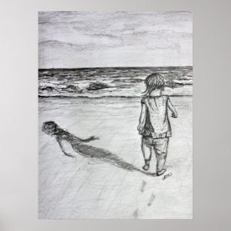 Toddler on the Beach Pencil Drawing Art Print