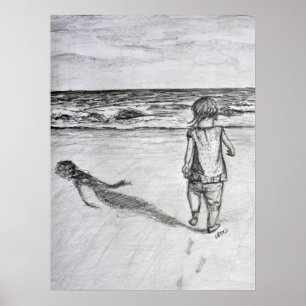 Toddler on the Beach Pencil Drawing Art Print
