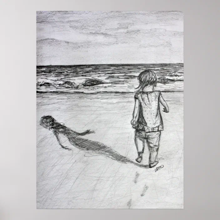 Toddler On The Beach Pencil Drawing Art Print Zazzle Com