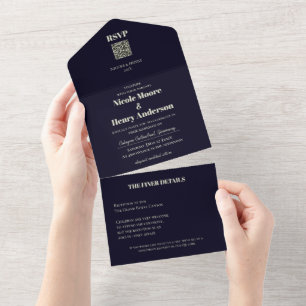 Todo En Uno Boda Retro Moderna Rojo Vino QR All In One Invitation