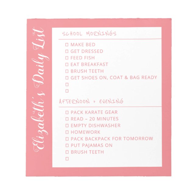 ToDo List Morning Evening Personalized Pink Notepad (Front)