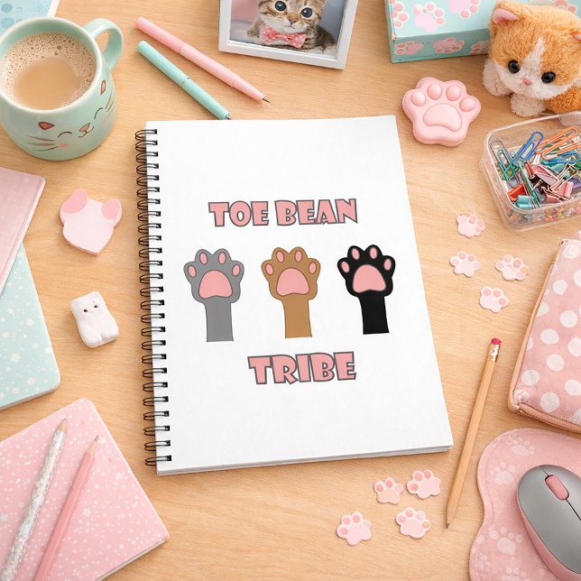 Toe Bean Tribe Funny Cat Paws Pink Notebook (A notebook with cat paws and the words toe bean tribe in pink letters with gray outlines.)