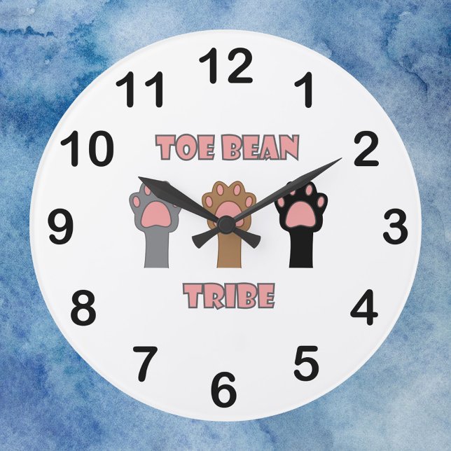 Toe Bean Tribe Gray Black Brown Cat Paws Large Clock (A clock with three cat paws and the words toe bean tribe in pink letters & black numbers.)