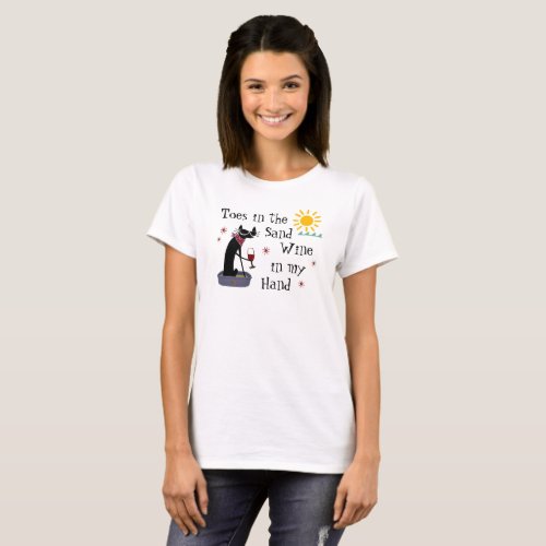 Toes in the Sand Wine in My Hand Funny Beach Cat T_Shirt