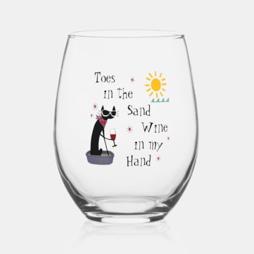 Toes in the Sand Wine in My Hand Funny Cat Stemless Wine Glass