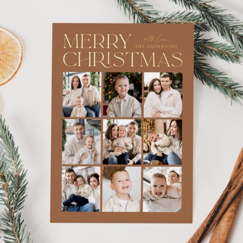 Toffee Modern Christmas 9 Photo Collage Foil Holiday Card