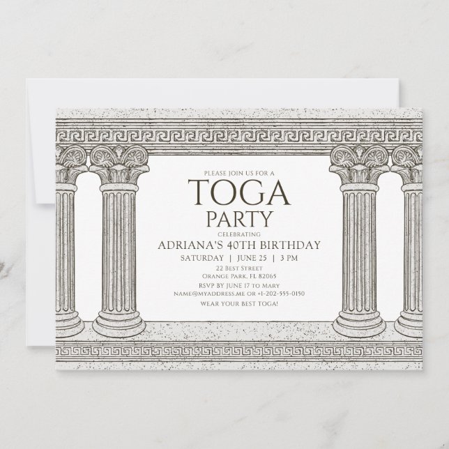 Toga Birthday Party Invitation with stone columns (Front)