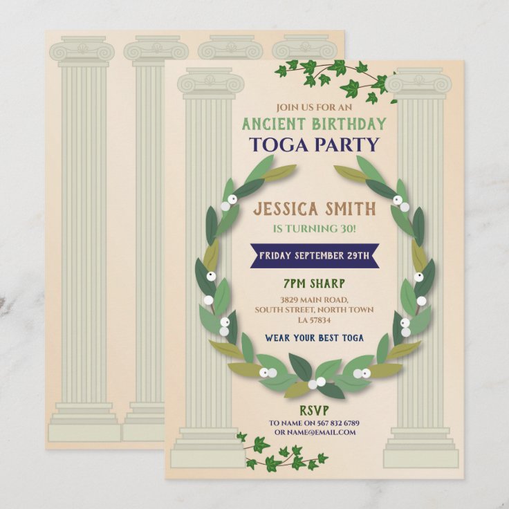 Toga Party Birthday Ivy Scroll Ancient Roman Invitation | Zazzle