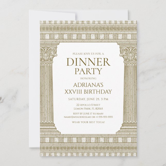 Toga Party with Elegant Brown Roman Columns Theme Invitation (Front)
