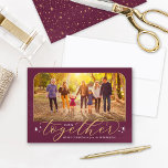 Together Berry Wine and Gold Family Photo Holiday Card<br><div class="desc">This elegant Christmas photo greeting card celebrates being together again with loved ones! The design can be fully-personalized with your favorite landscape photo, a Merry Christmas (or other) greeting, family name, and year. Features a rich berry wine jewel tone colored background with a subtle painted texture, faux gold foil script...</div>