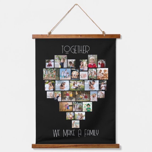 Together Family Heart Shape 29 Photo Collage Black Hanging Tapestry (Front)