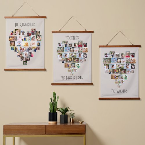 Together Family Name Heart Shaped 87 Photo Collage Hanging Tapestry